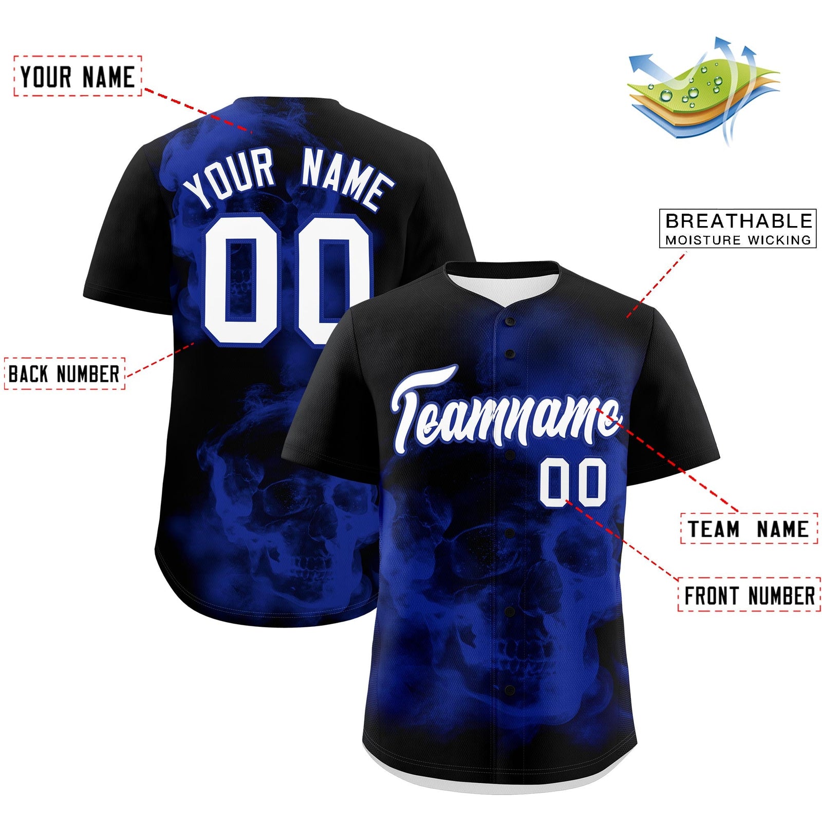 Custom Black Royal Blue White skeleton Graffiti Pattern Lightweight Baseball Jersey| KXKSHOP
