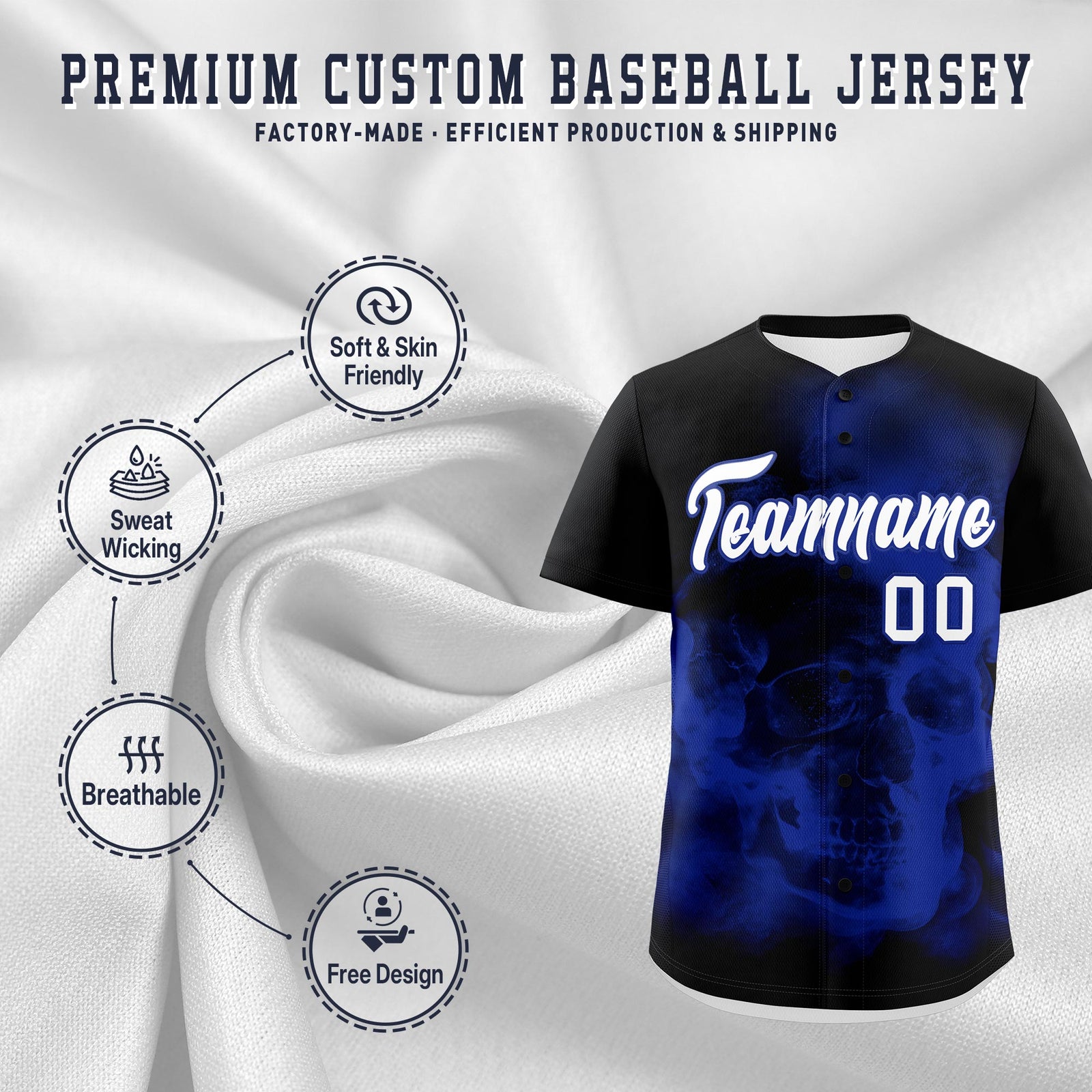 Custom Black Royal Blue White skeleton Graffiti Pattern Lightweight Baseball Jersey| KXKSHOP