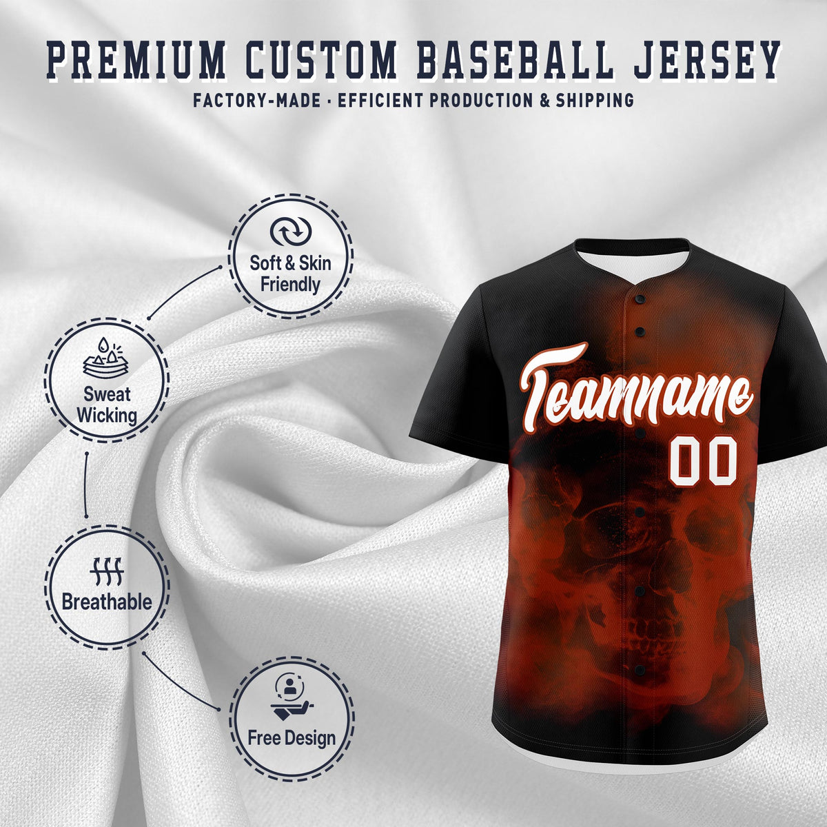 Custom Black Dark Orange White skeleton Graffiti Pattern Quick Dry Baseball Jersey| KXKSHOP