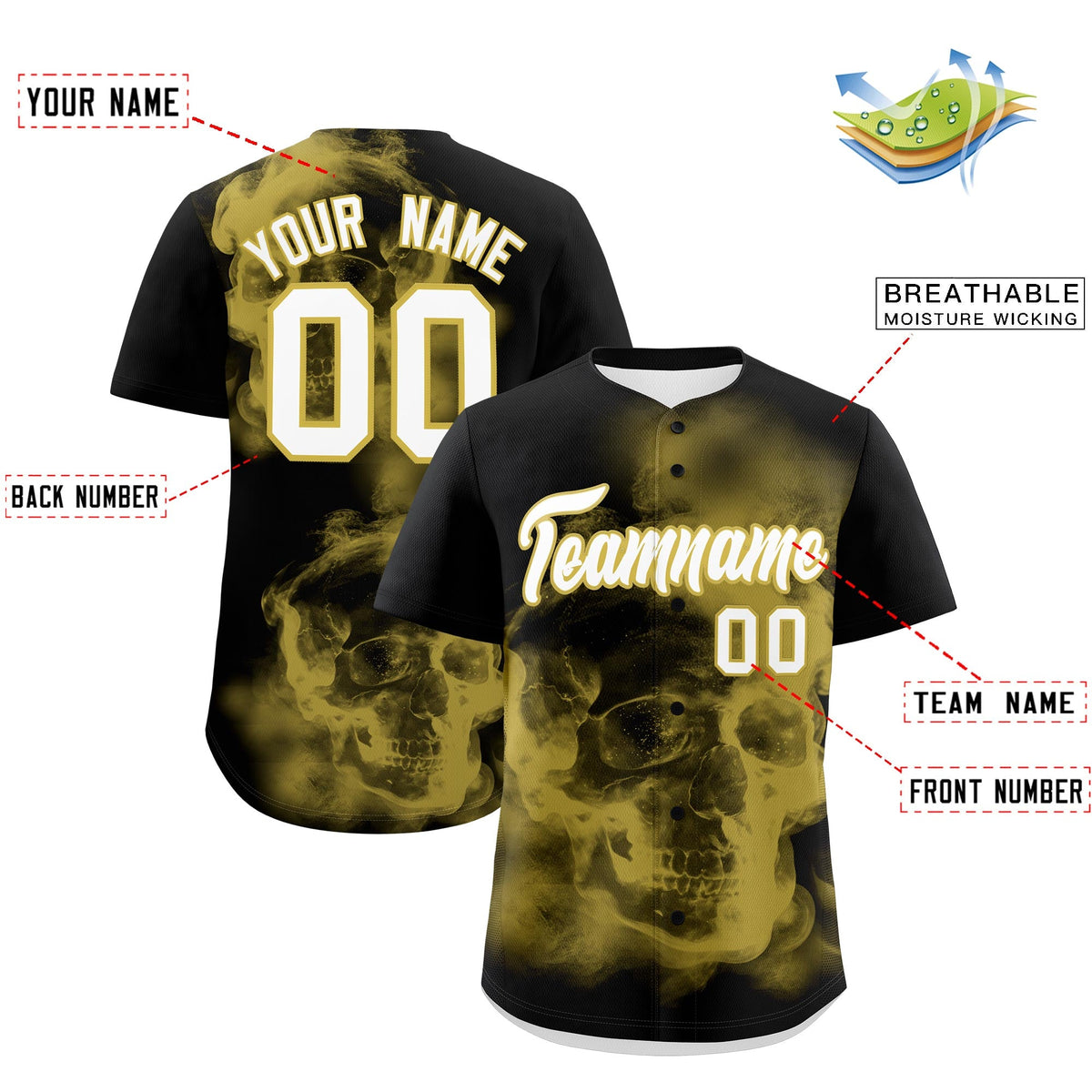 Custom Black Old Gold White skeleton Graffiti Pattern Lightweight Baseball Jersey| KXKSHOP