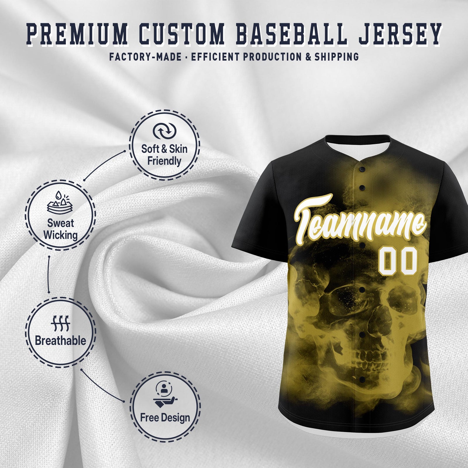 Custom Black Old Gold White skeleton Graffiti Pattern Lightweight Baseball Jersey| KXKSHOP