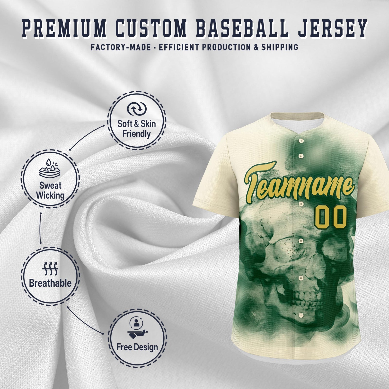 Custom Cream Dark Green Old Gold skeleton Graffiti Pattern Quick Dry Baseball Jersey| KXKSHOP