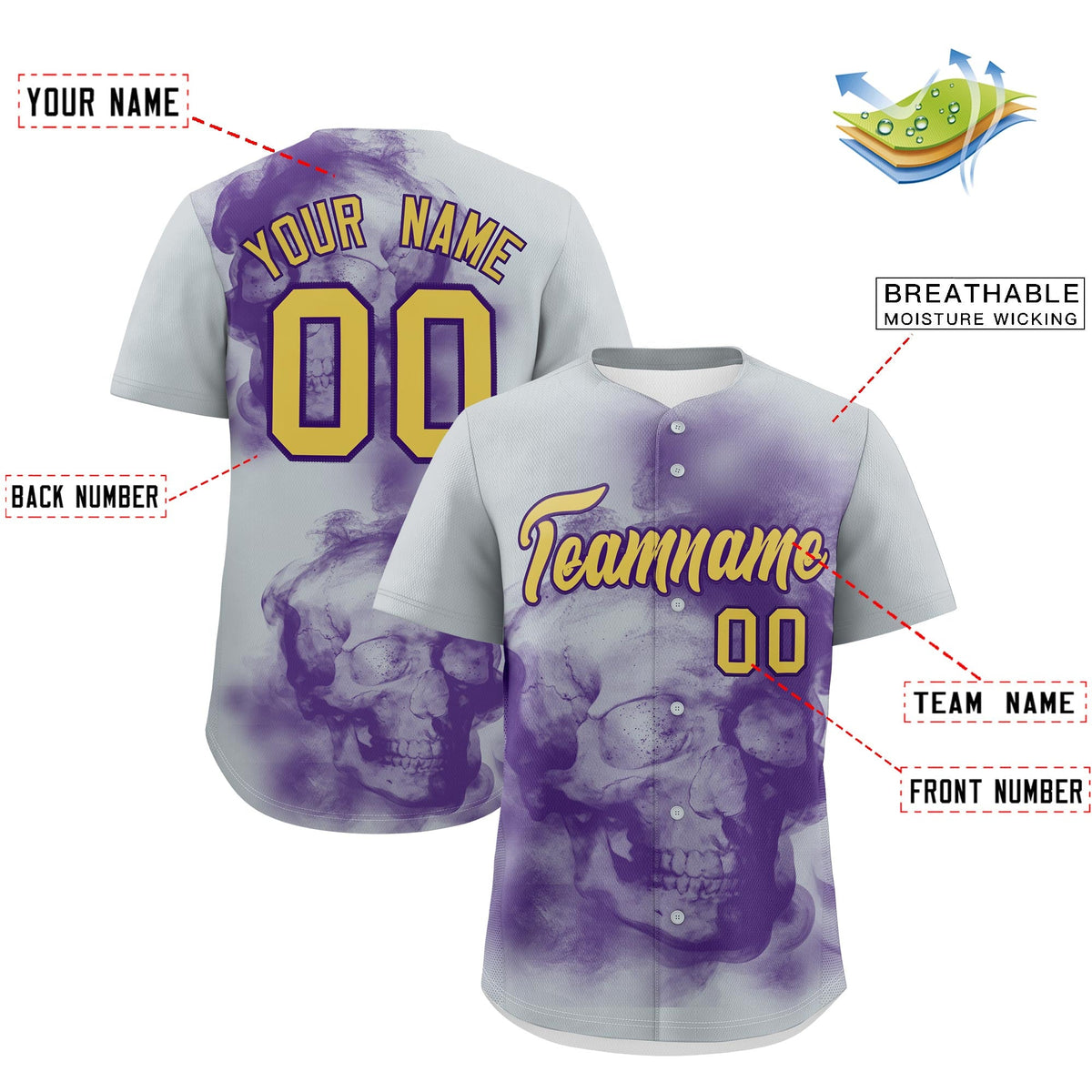 Custom Silver Purple Old Gold skeleton Graffiti Pattern Lightweight Baseball Jersey| KXKSHOP
