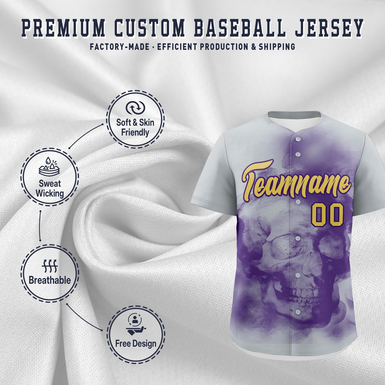 Custom Silver Purple Old Gold skeleton Graffiti Pattern Lightweight Baseball Jersey| KXKSHOP