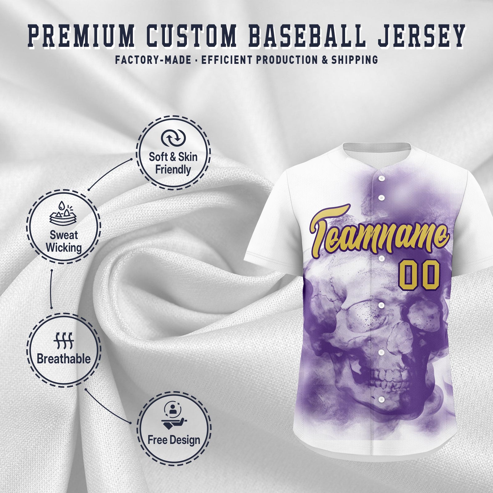Custom White Purple Old Gold skeleton Graffiti Pattern Quick Dry Baseball Jersey| KXKSHOP