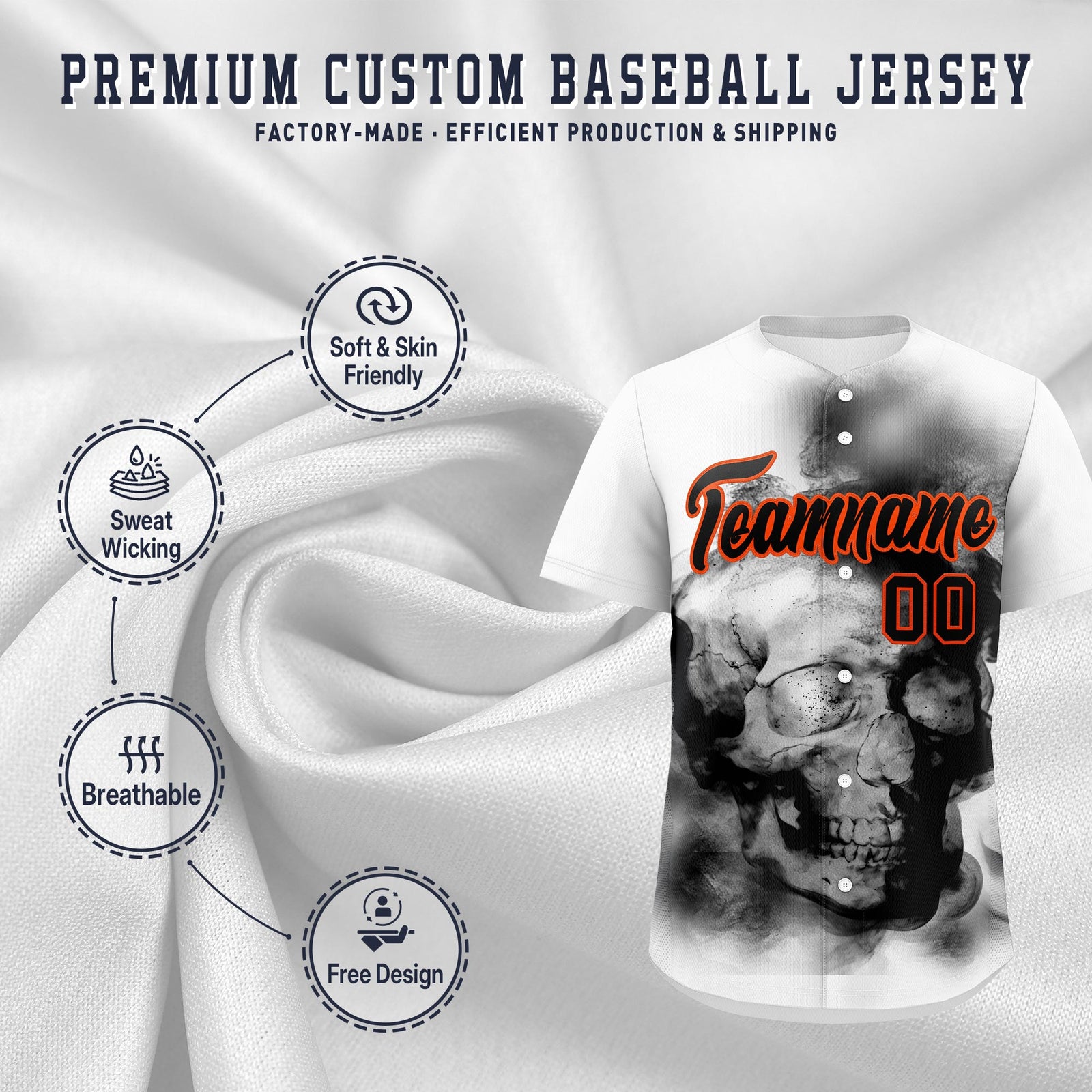 Custom White Black Orange skeleton Graffiti Pattern Quick Dry Baseball Jersey| KXKSHOP
