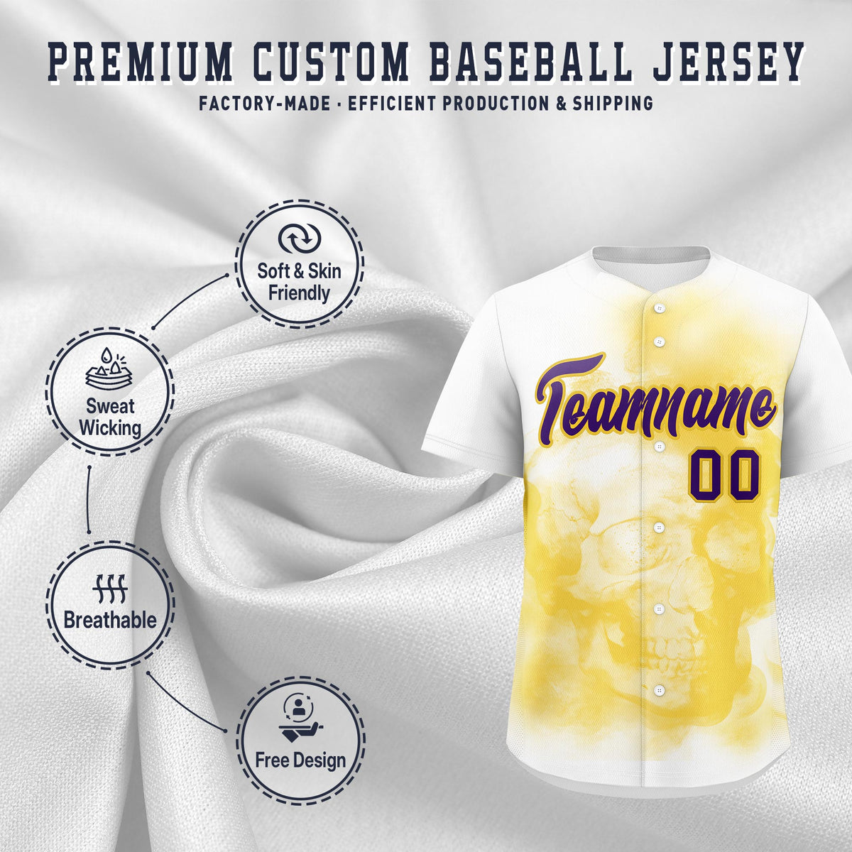 Custom White Gold Purple skeleton Graffiti Pattern Quick Dry Baseball Jersey| KXKSHOP
