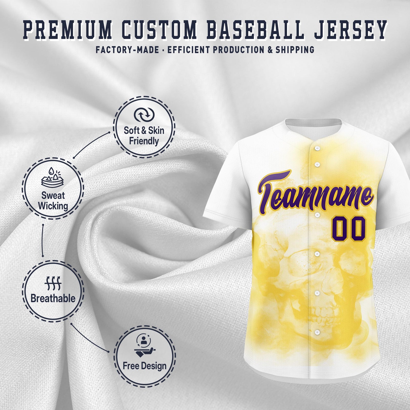 Custom White Gold Purple skeleton Graffiti Pattern Quick Dry Baseball Jersey| KXKSHOP