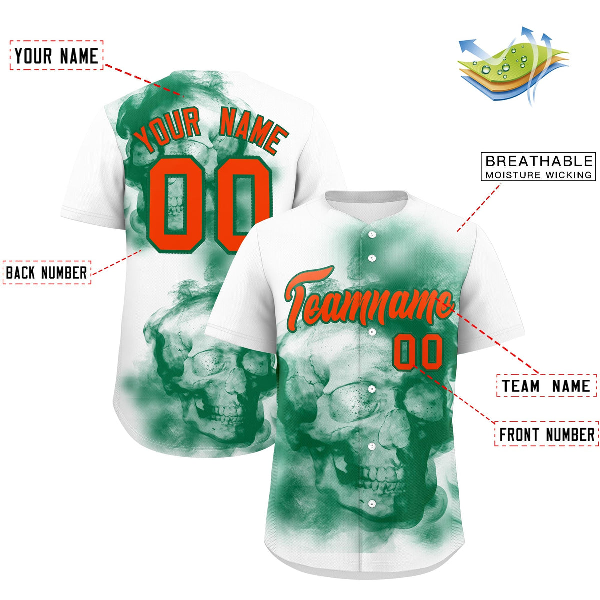 Custom White Kelly Green Orange skeleton Graffiti Pattern Quick Dry Baseball Jersey| KXKSHOP