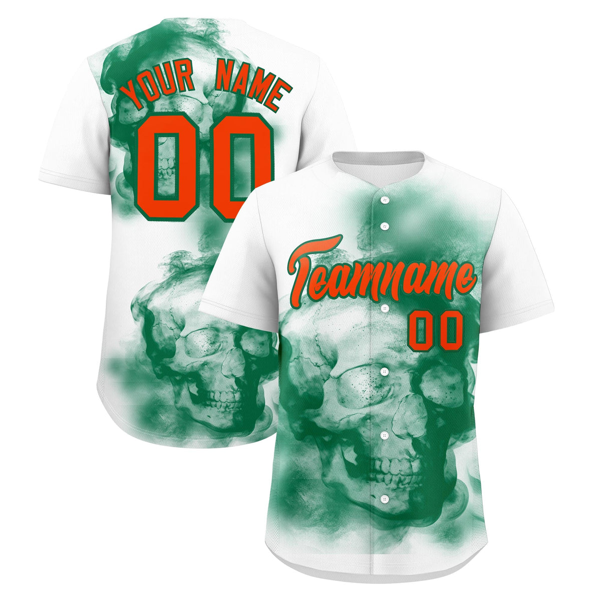 Custom White Kelly Green Orange skeleton Graffiti Pattern Quick Dry Baseball Jersey| KXKSHOP