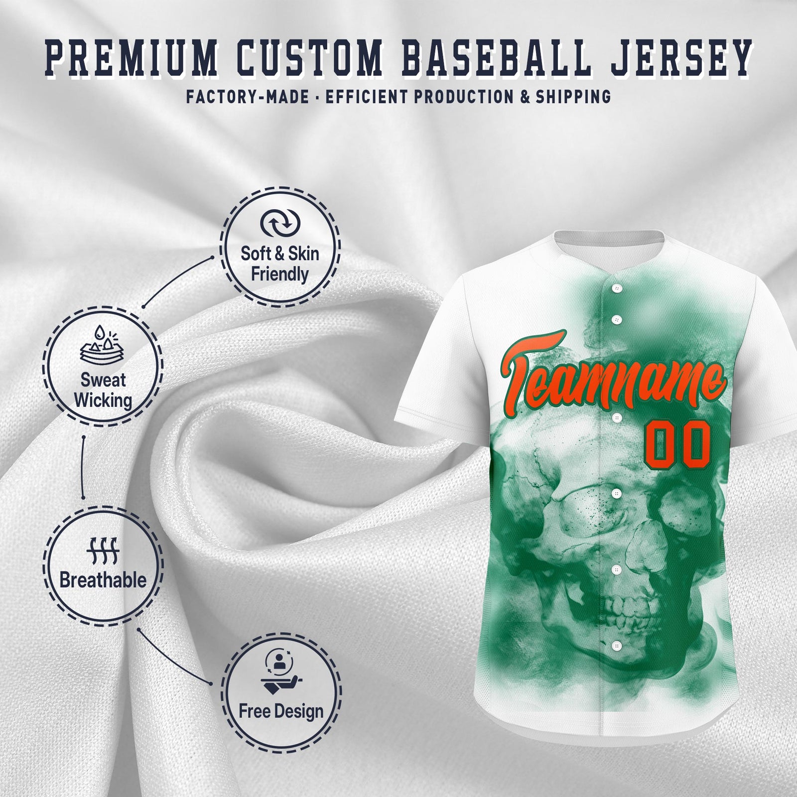 Custom White Kelly Green Orange skeleton Graffiti Pattern Quick Dry Baseball Jersey| KXKSHOP