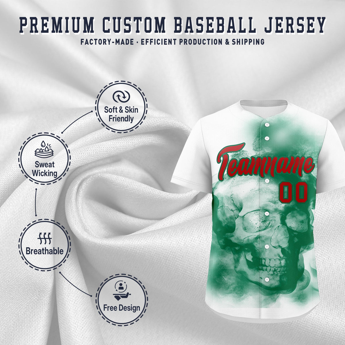 Custom White Kelly Green Red skeleton Graffiti Pattern Lightweight Baseball Jersey| KXKSHOP