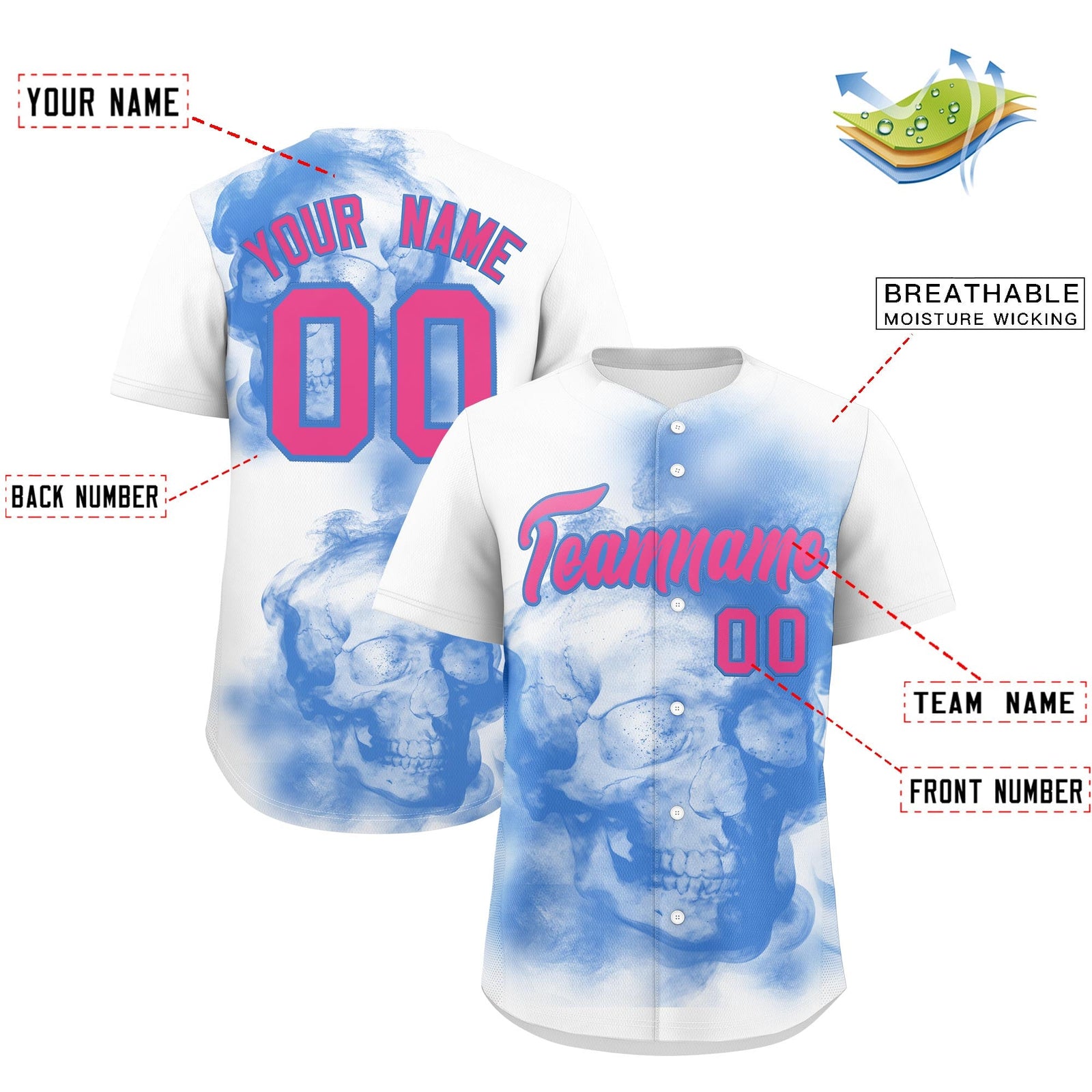 Custom White Powder Blue Pink skeleton Graffiti Pattern Quick Dry Baseball Jersey| KXKSHOP