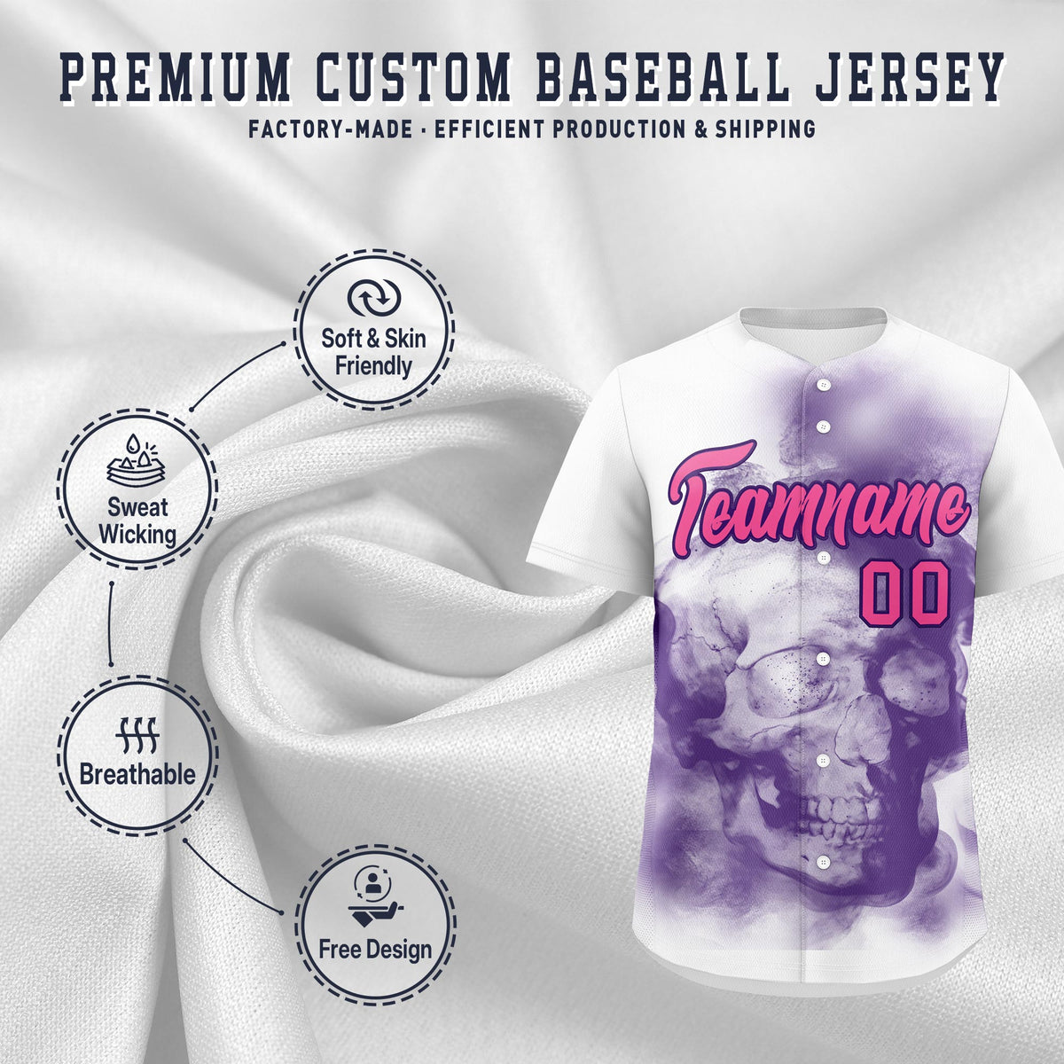 Custom White Purple Pink skeleton Graffiti Pattern Quick Dry Baseball Jersey| KXKSHOP