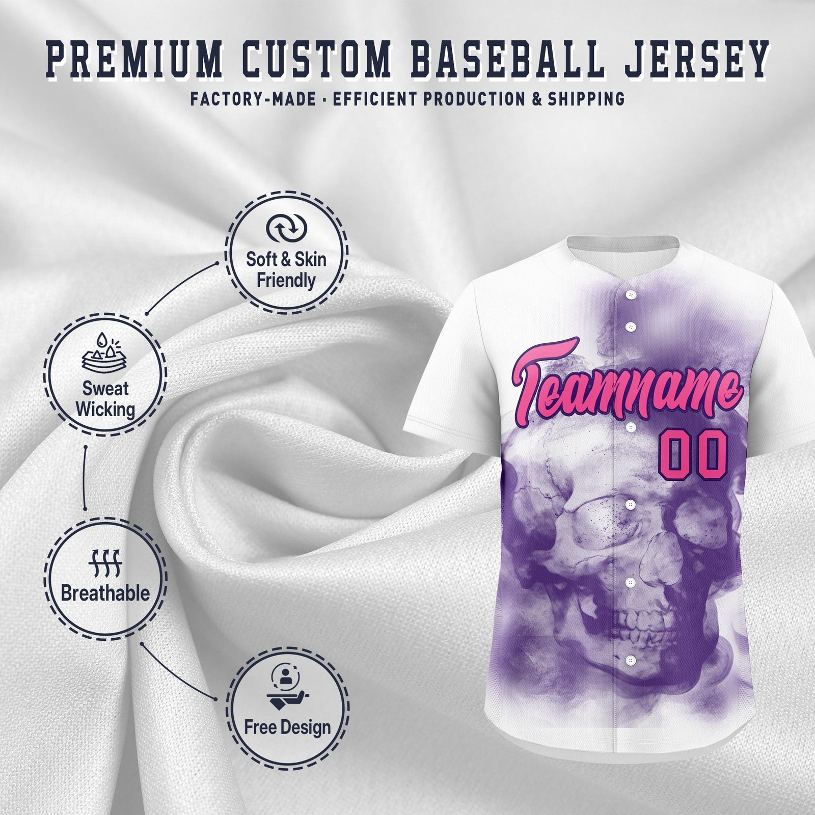 Custom White Purple Pink skeleton Graffiti Pattern Quick Dry Baseball Jersey| KXKSHOP