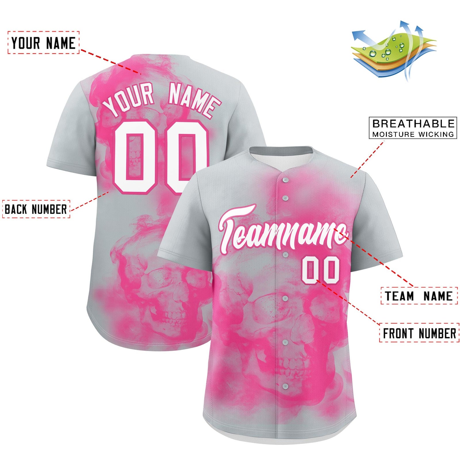 Custom Silver Pink White skeleton Graffiti Pattern Lightweight Baseball Jersey| KXKSHOP