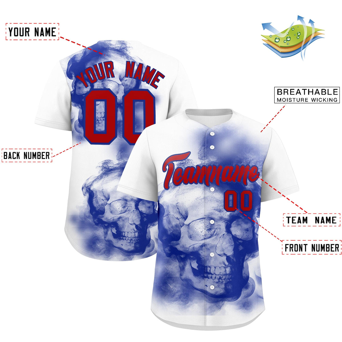 Custom White Royal Blue Red skeleton Graffiti Pattern Quick Dry Baseball Jersey| KXKSHOP