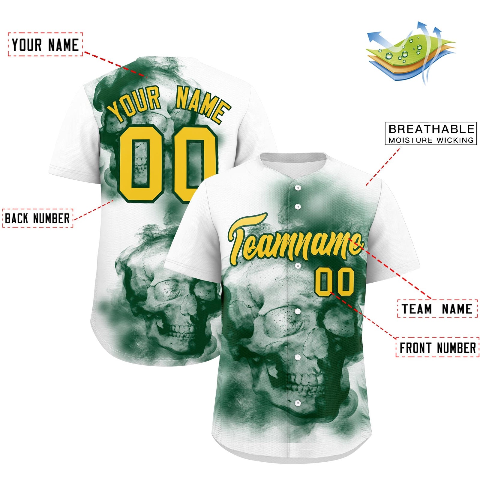 Custom White Dark Green Gold skeleton Graffiti Pattern Lightweight Baseball Jersey| KXKSHOP