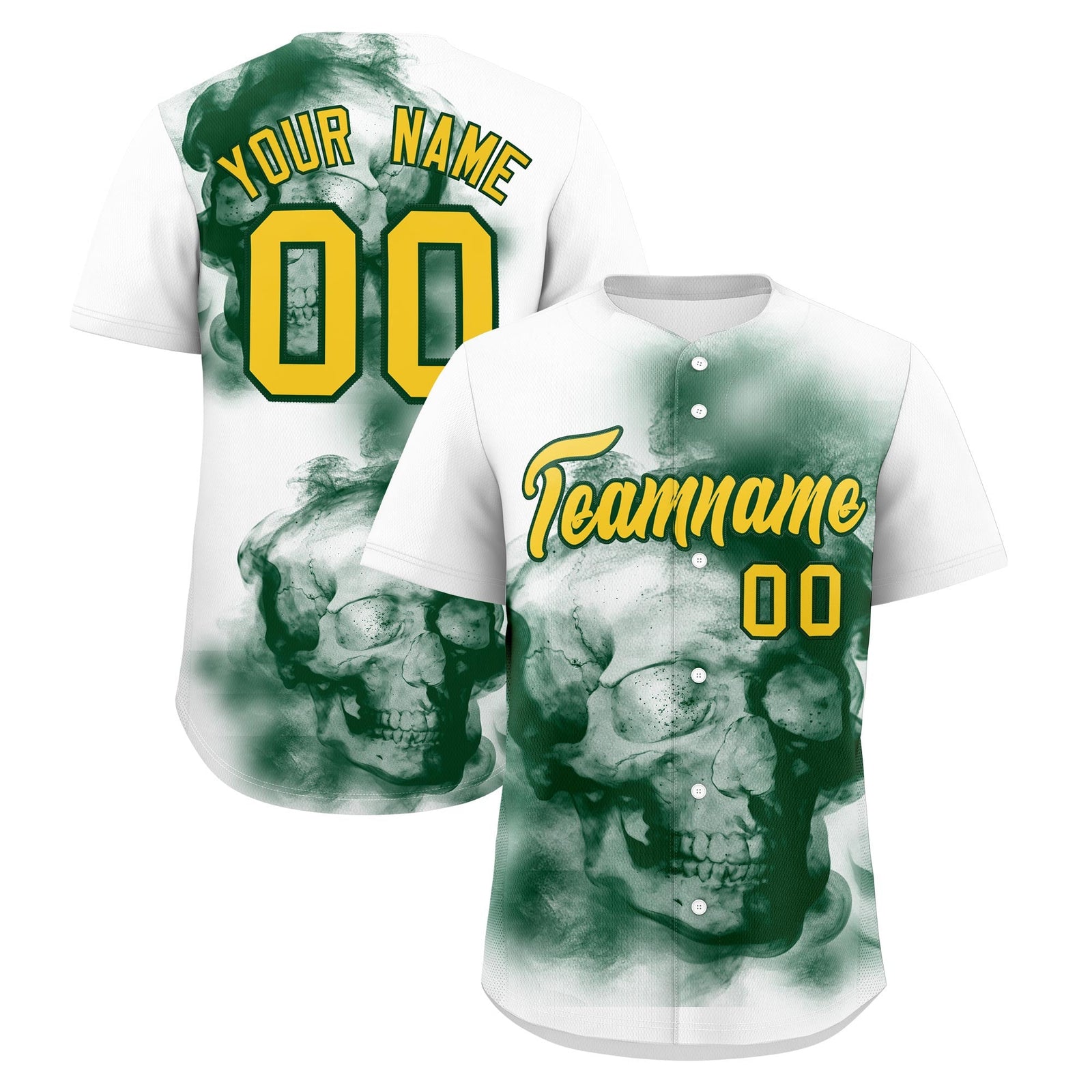 Custom White Dark Green Gold skeleton Graffiti Pattern Lightweight Baseball Jersey| KXKSHOP