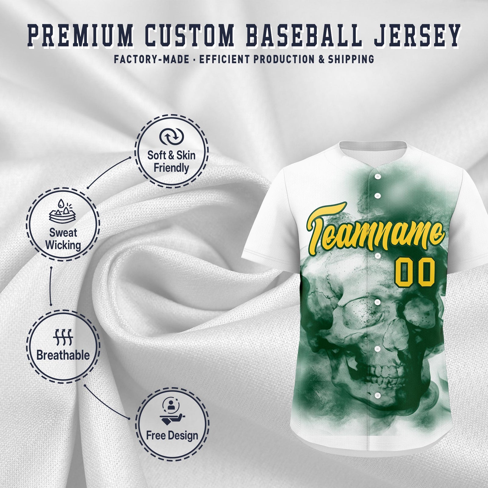 Custom White Dark Green Gold skeleton Graffiti Pattern Lightweight Baseball Jersey| KXKSHOP