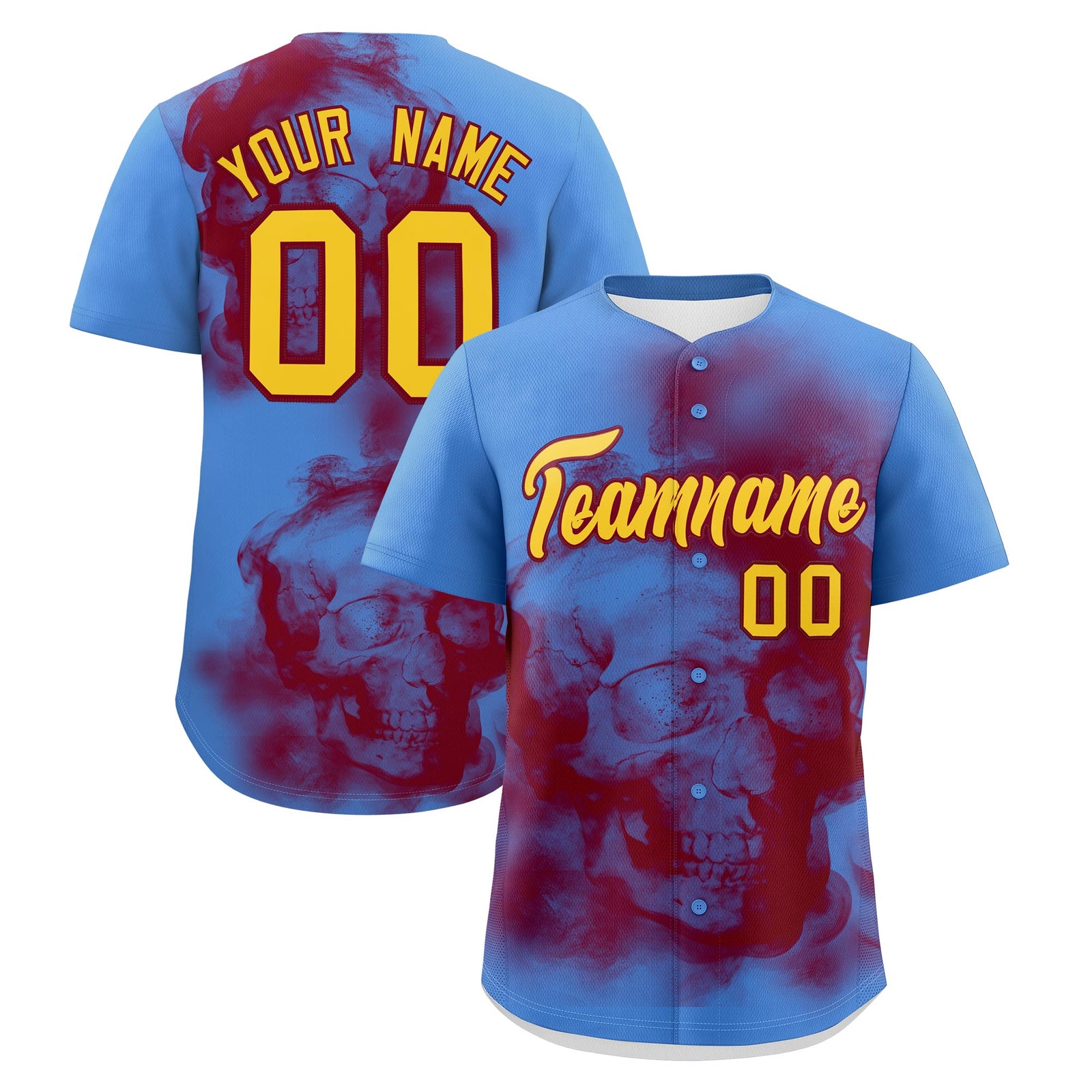 Custom Powder Blue Crimson Gold skeleton Graffiti Pattern Quick Dry Baseball Jersey| KXKSHOP