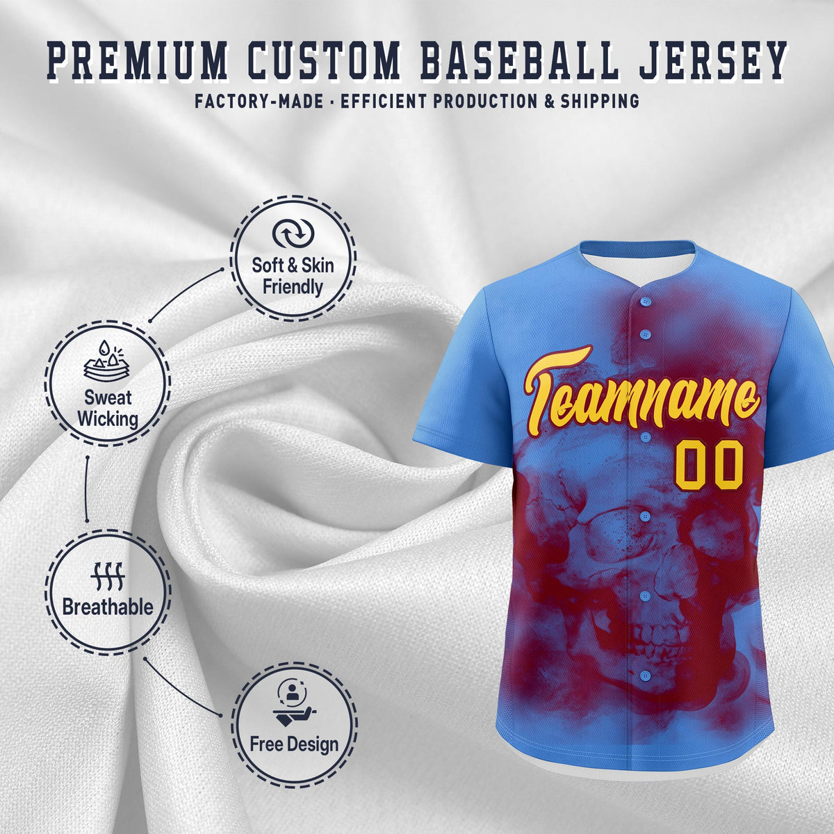 Custom Powder Blue Crimson Gold skeleton Graffiti Pattern Quick Dry Baseball Jersey| KXKSHOP