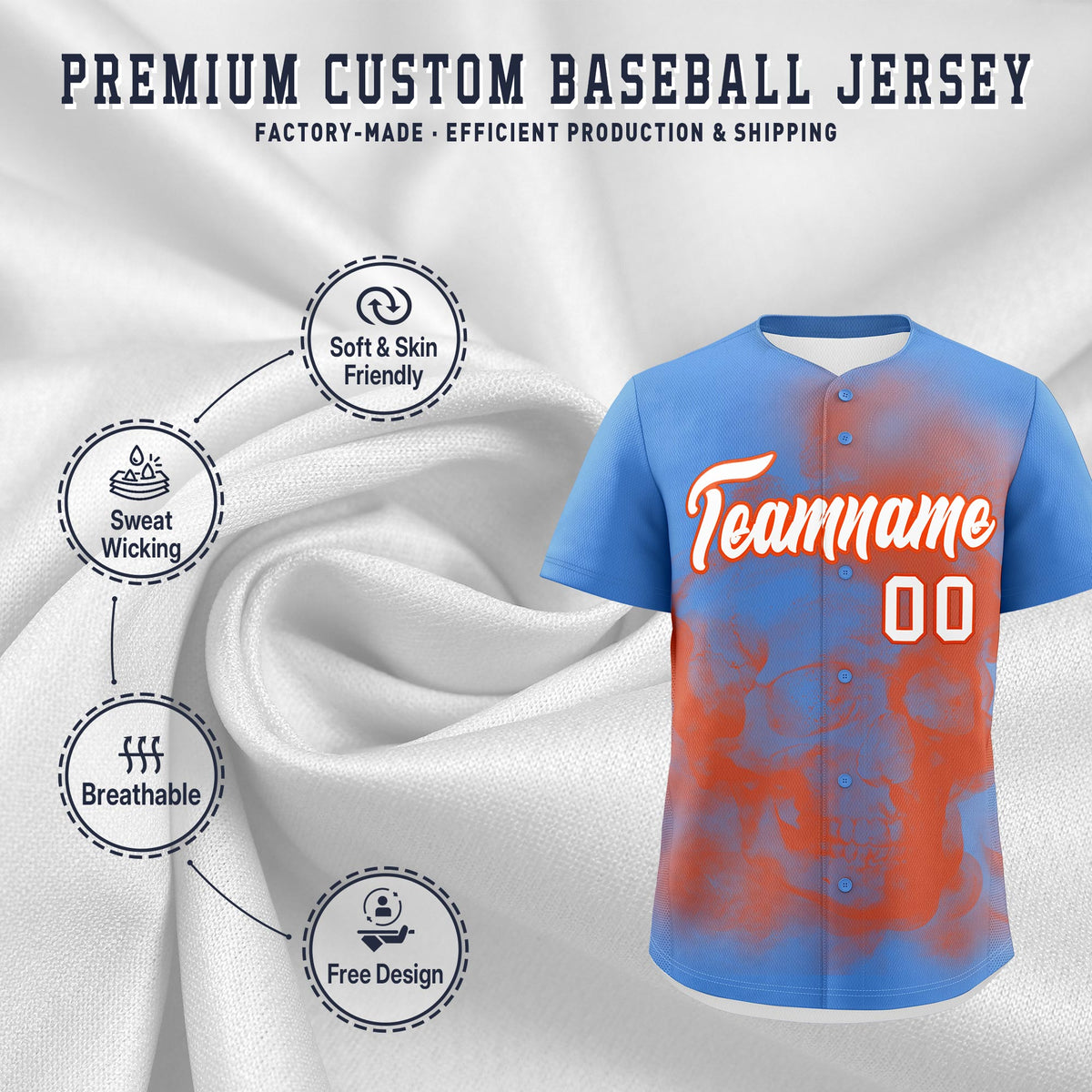 Custom Powder Blue Orange White skeleton Graffiti Pattern Lightweight Baseball Jersey| KXKSHOP