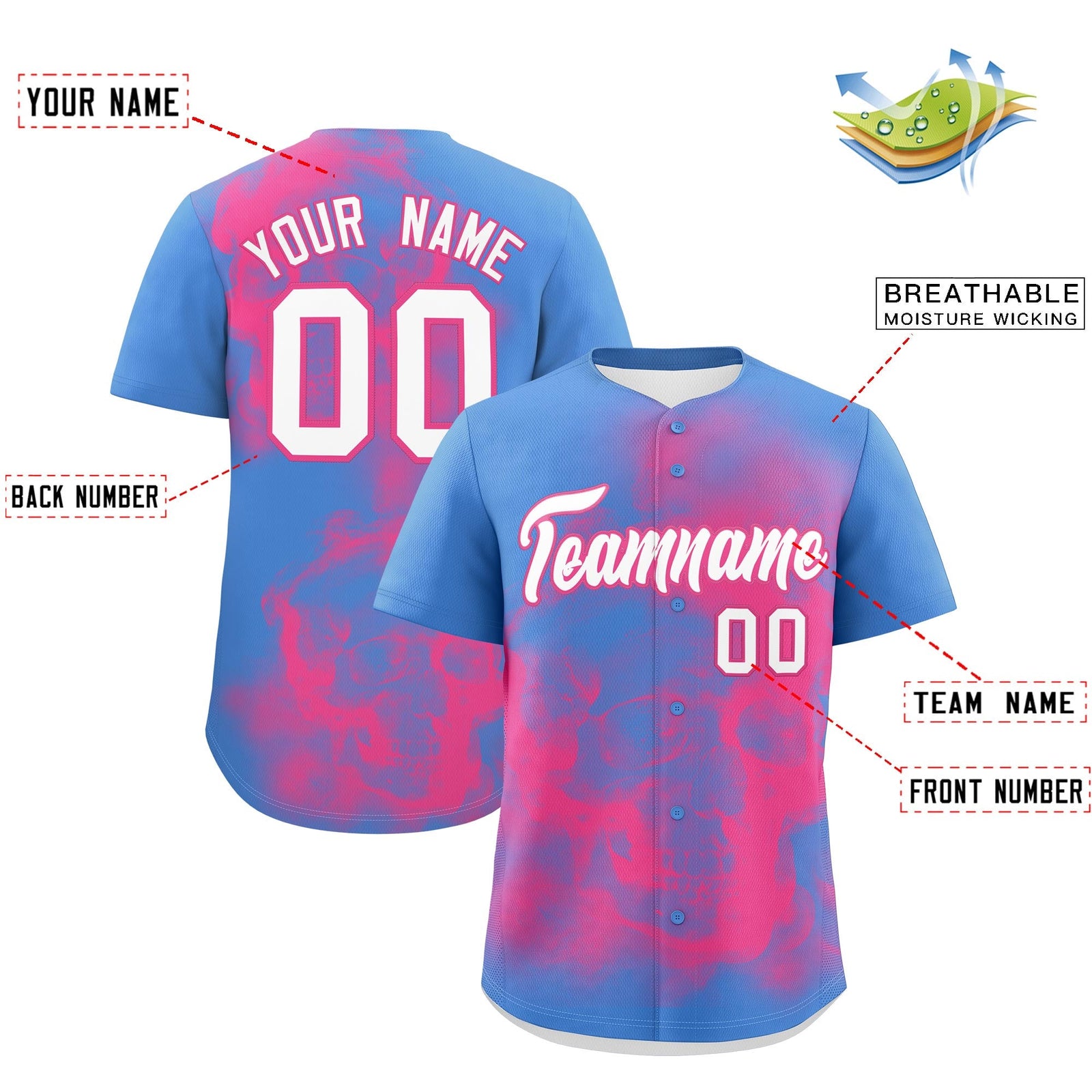 Custom Powder Blue Pink White skeleton Graffiti Pattern Quick Dry Baseball Jersey| KXKSHOP