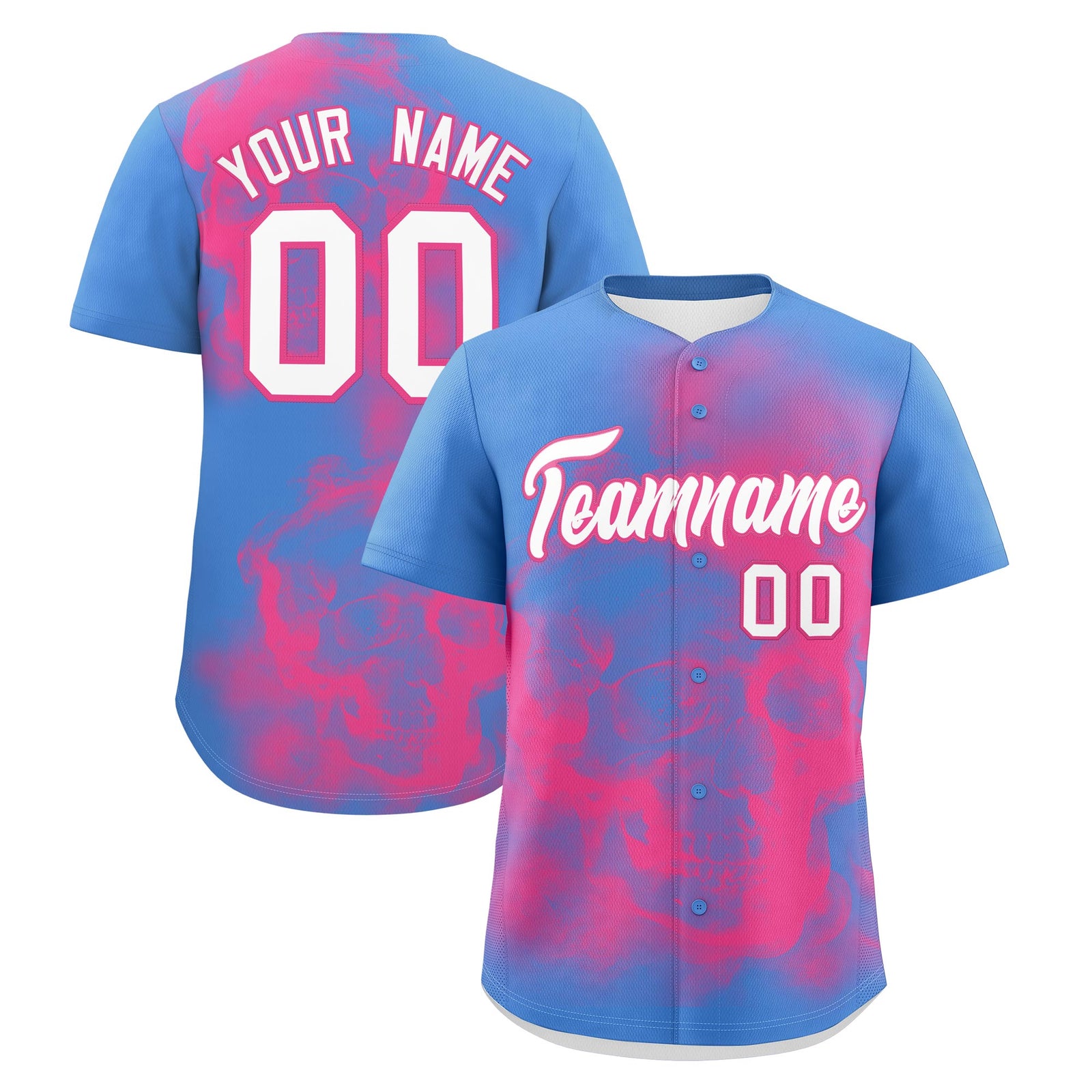 Custom Powder Blue Pink White skeleton Graffiti Pattern Quick Dry Baseball Jersey| KXKSHOP