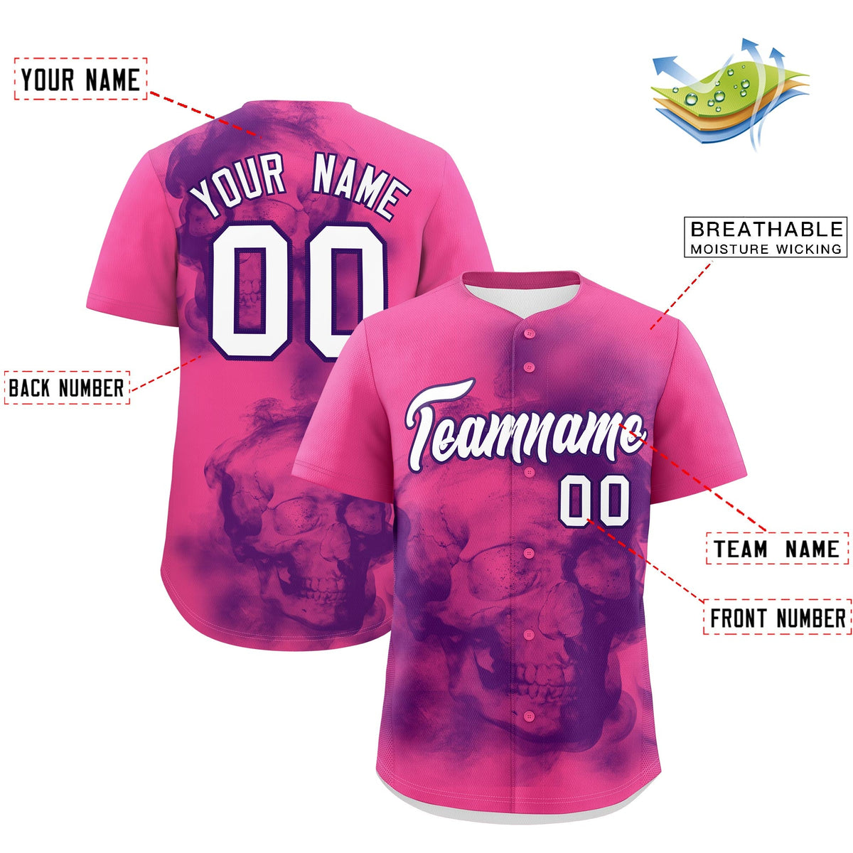 Custom Pink Purple White skeleton Graffiti Pattern Lightweight Baseball Jersey| KXKSHOP