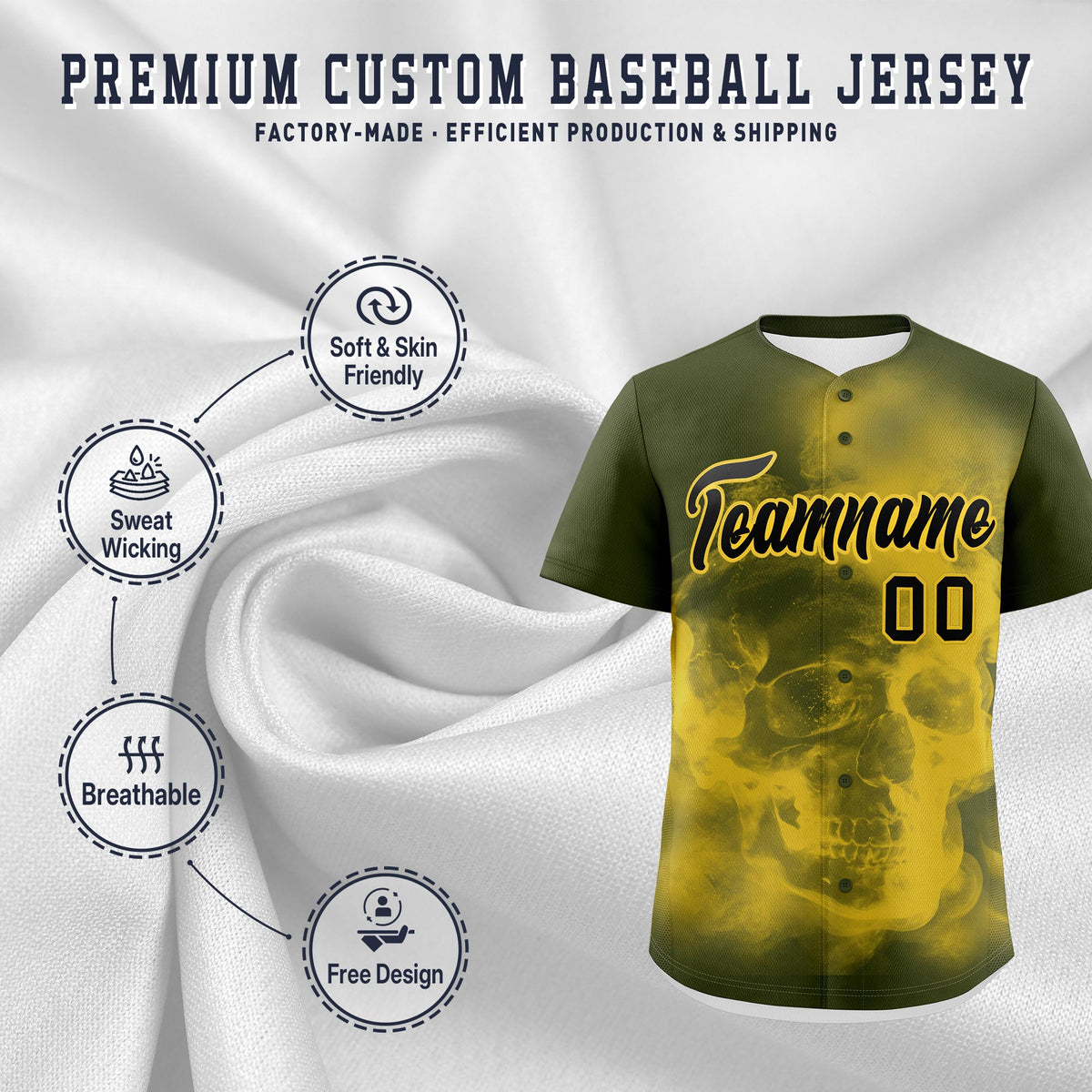 Custom Olive Gold Black skeleton Graffiti Pattern Quick Dry Baseball Jersey| KXKSHOP