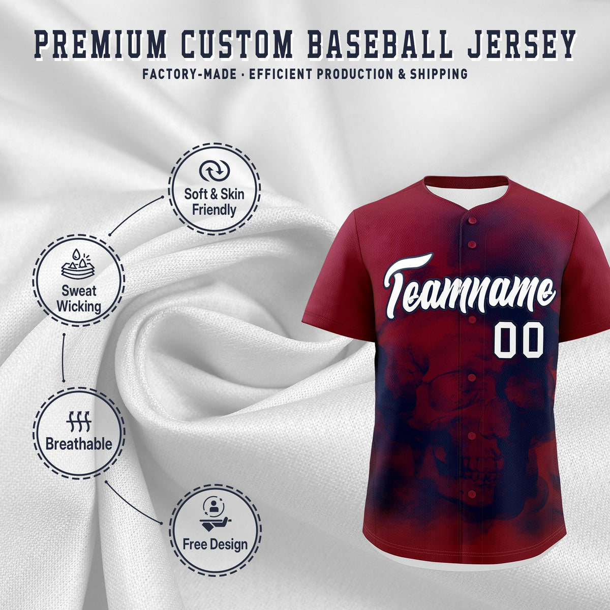 Custom Crimson Navy White skeleton Graffiti Pattern Lightweight Baseball Jersey| KXKSHOP
