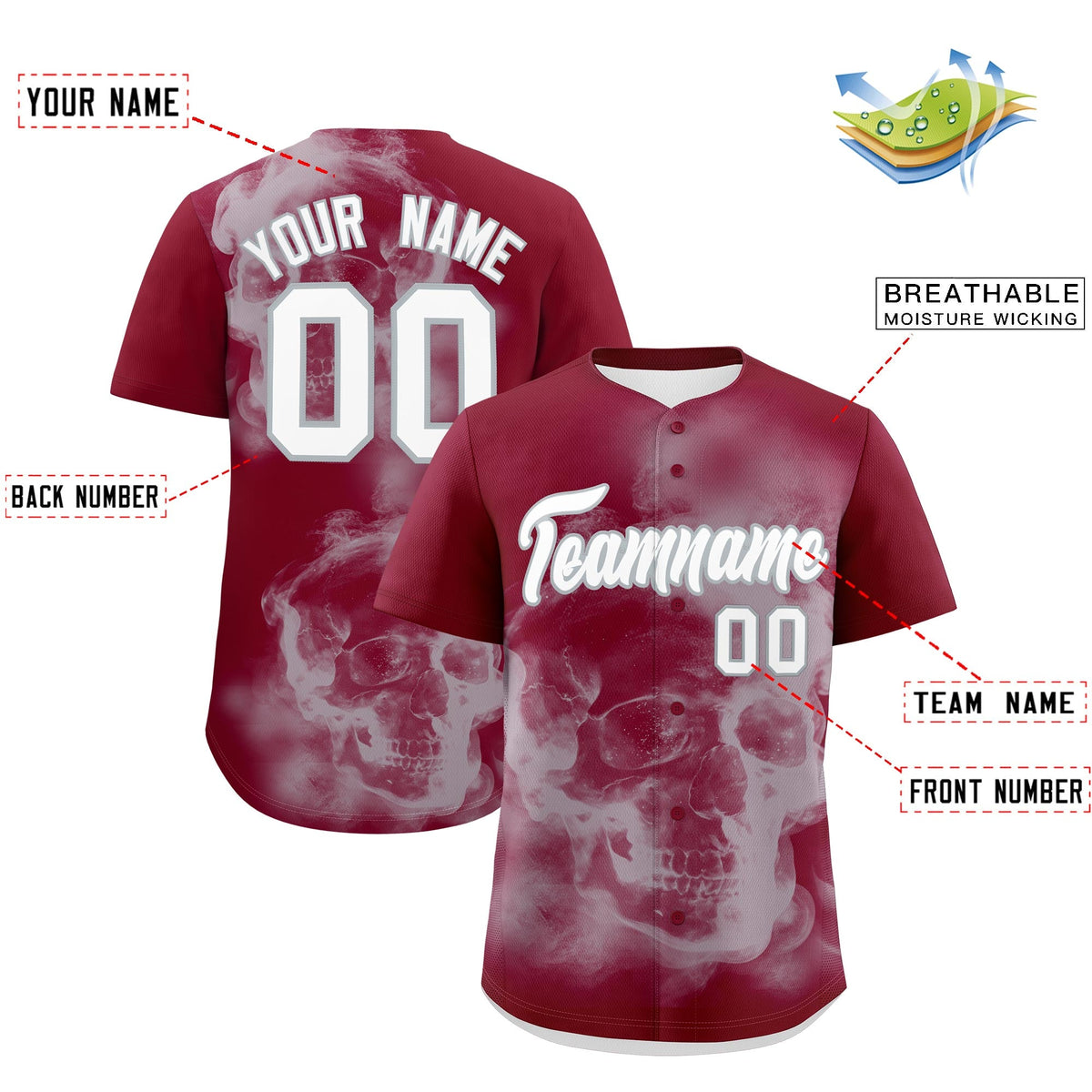 Custom Crimson Silver White skeleton Graffiti Pattern Quick Dry Baseball Jersey| KXKSHOP