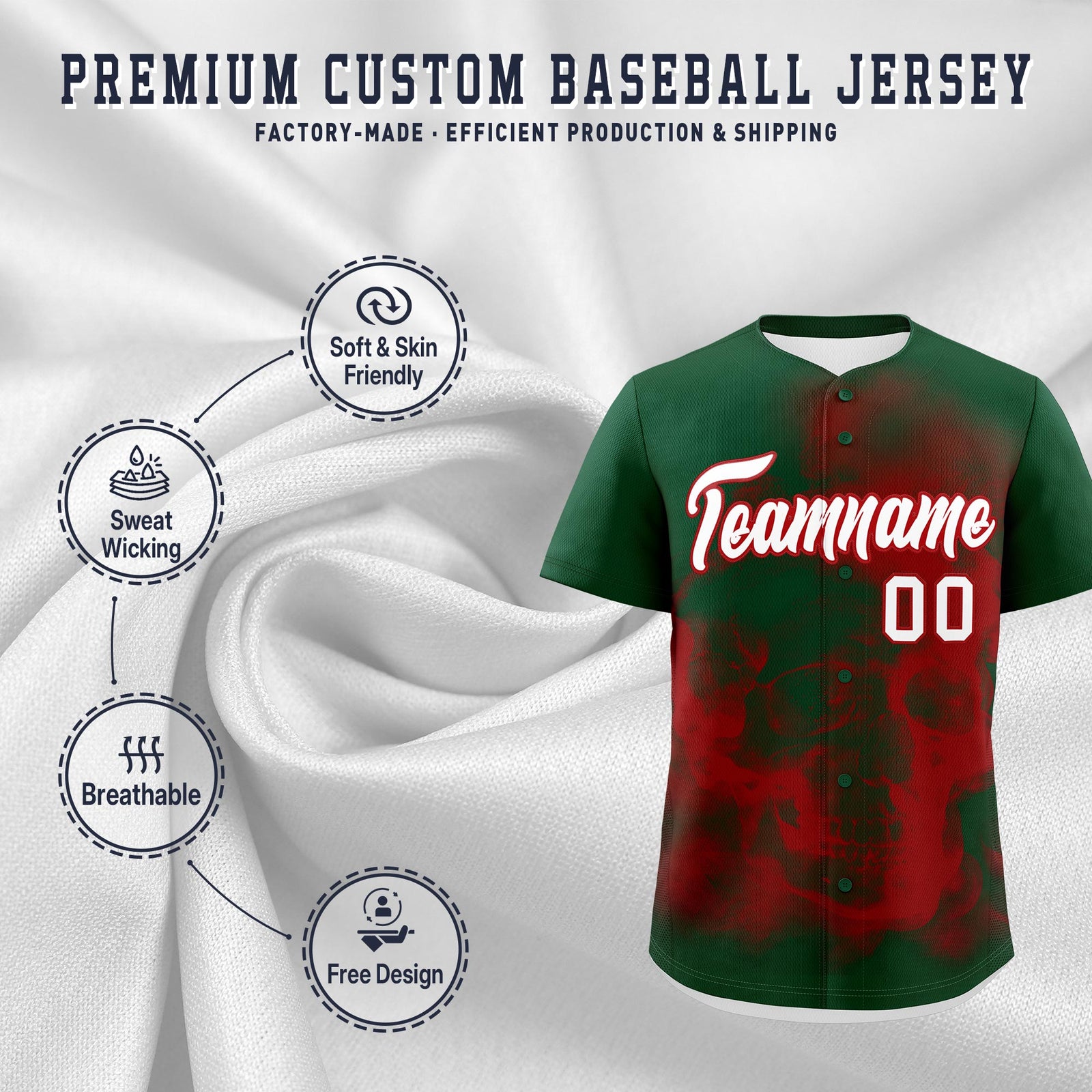 Custom Dark Green Red White skeleton Graffiti Pattern Lightweight Baseball Jersey| KXKSHOP