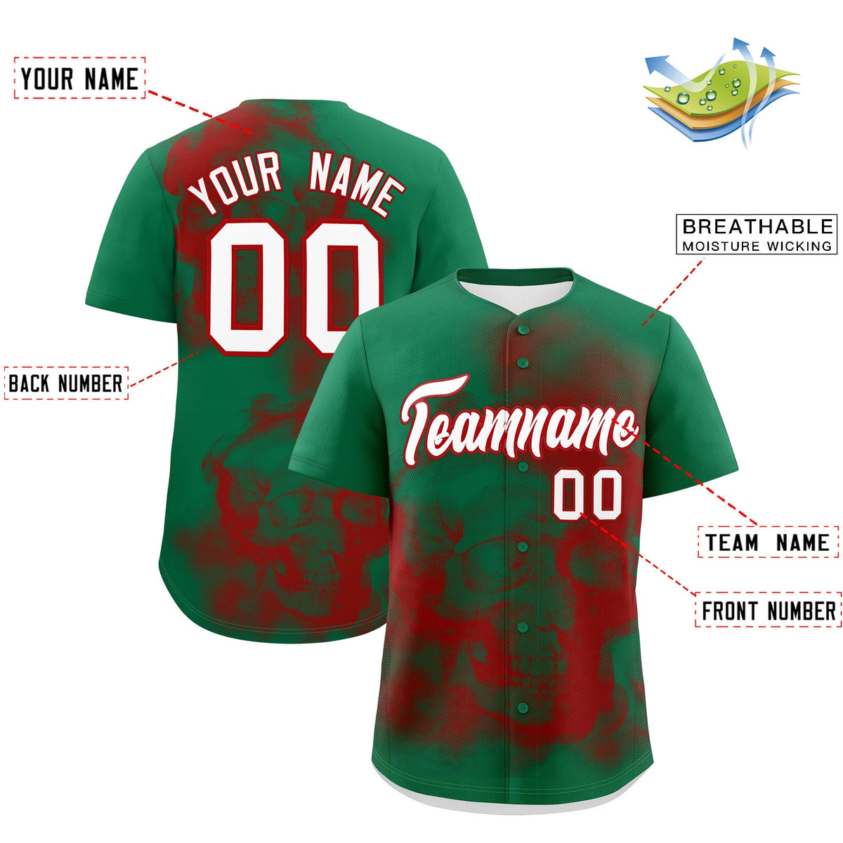 Custom Kelly Green Red White skeleton Graffiti Pattern Quick Dry Baseball Jersey| KXKSHOP