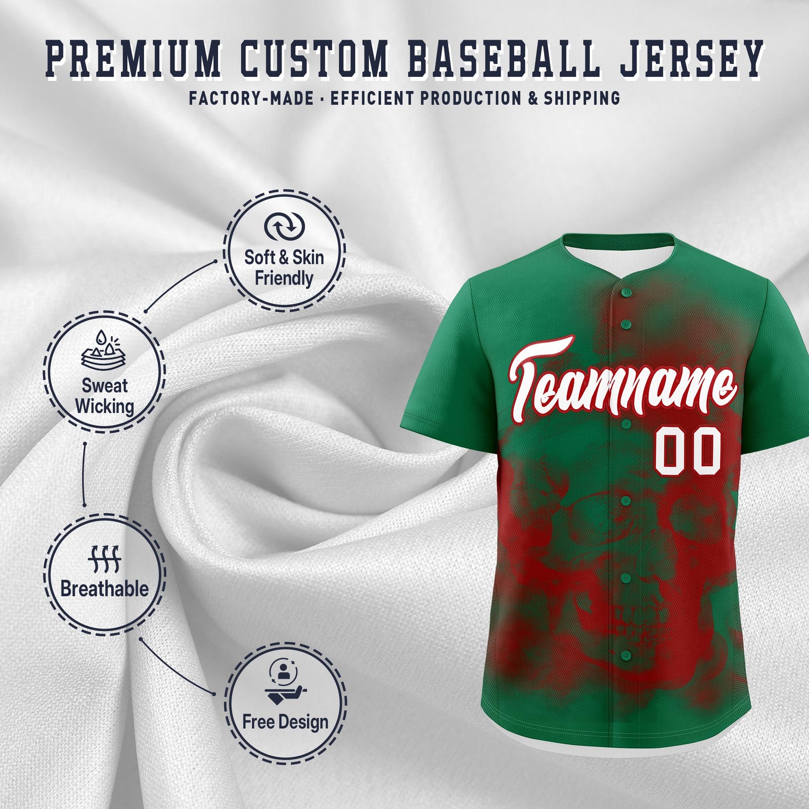 Custom Kelly Green Red White skeleton Graffiti Pattern Quick Dry Baseball Jersey| KXKSHOP