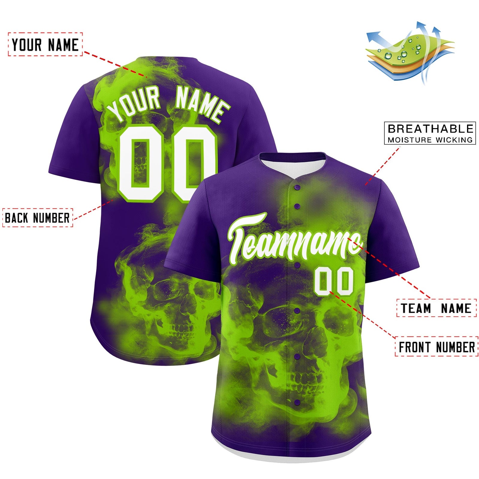 Custom Purple Neon Green White skeleton Graffiti Pattern Quick Dry Baseball Jersey| KXKSHOP