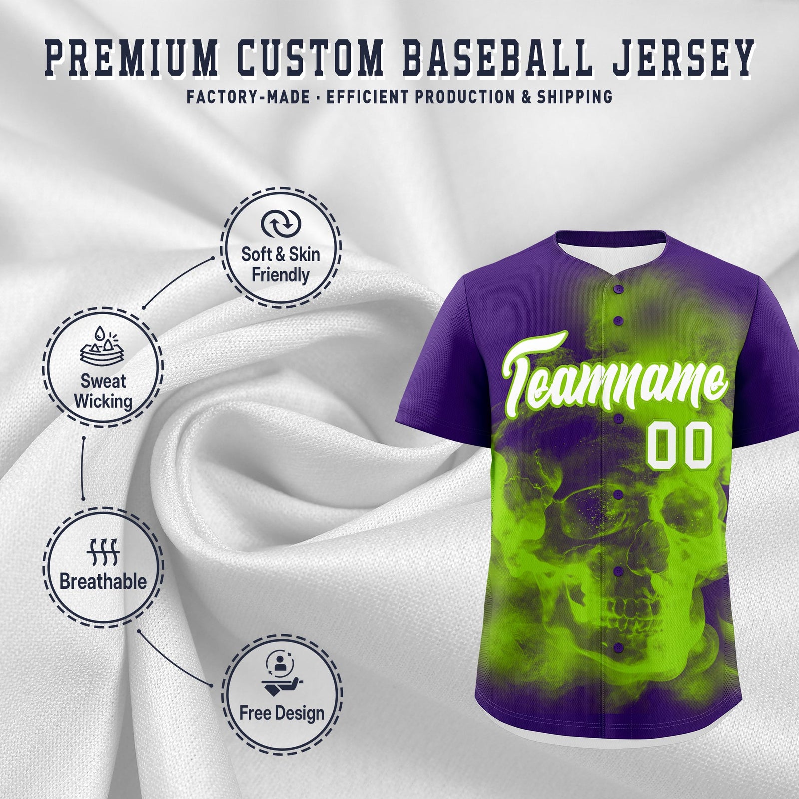 Custom Purple Neon Green White skeleton Graffiti Pattern Quick Dry Baseball Jersey| KXKSHOP