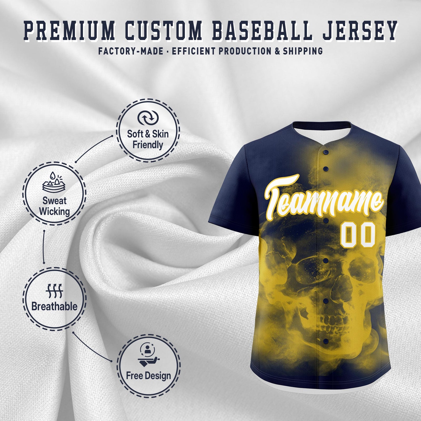 Custom Navy Gold White skeleton Graffiti Pattern Quick Dry Baseball Jersey| KXKSHOP
