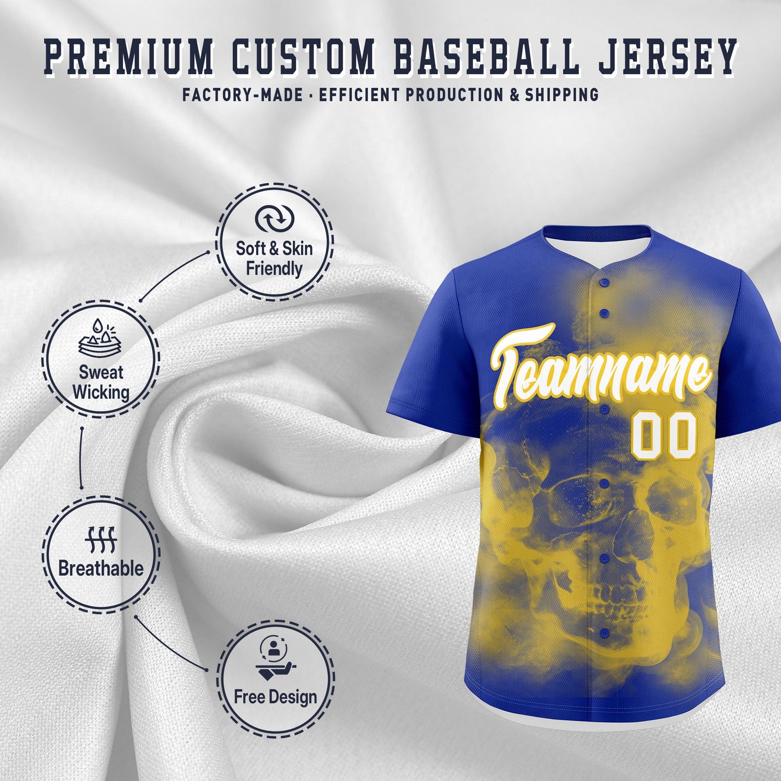 Custom Royal Blue Gold White skeleton Graffiti Pattern Lightweight Baseball Jersey| KXKSHOP