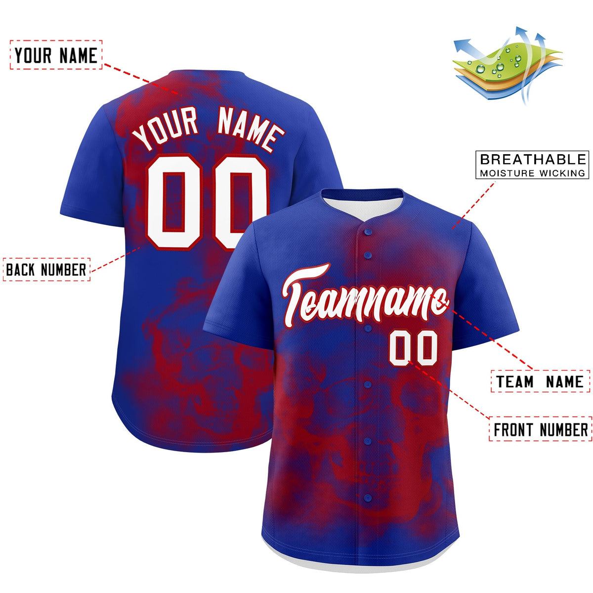 Custom Royal Blue Red White skeleton Graffiti Pattern Quick Dry Baseball Jersey| KXKSHOP