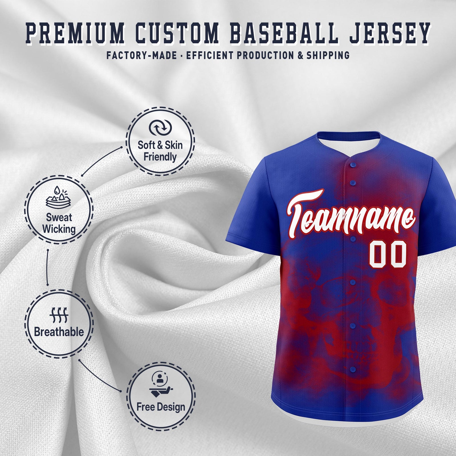 Custom Royal Blue Red White skeleton Graffiti Pattern Quick Dry Baseball Jersey| KXKSHOP