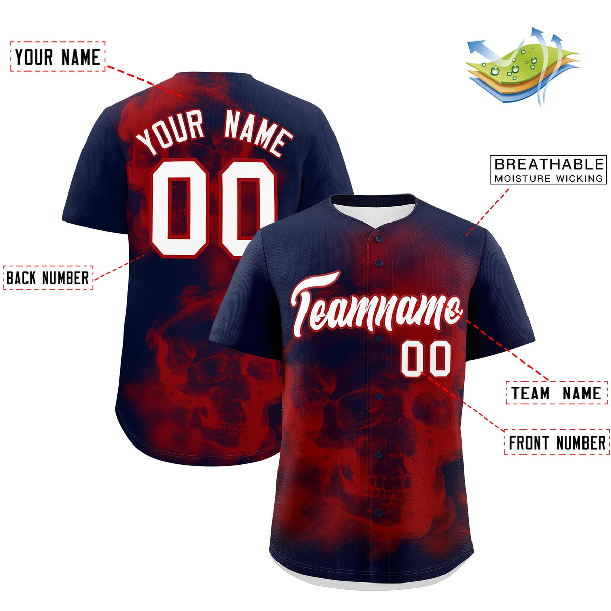 Custom Navy Red White skeleton Graffiti Pattern Lightweight Baseball Jersey| KXKSHOP