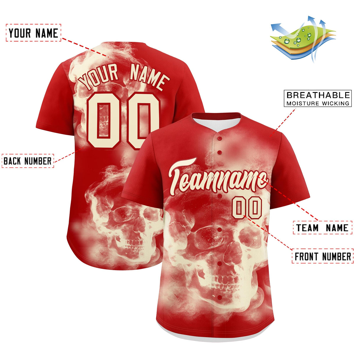 Custom Red Cream skeleton Graffiti Pattern Quick Dry Baseball Jersey| KXKSHOP