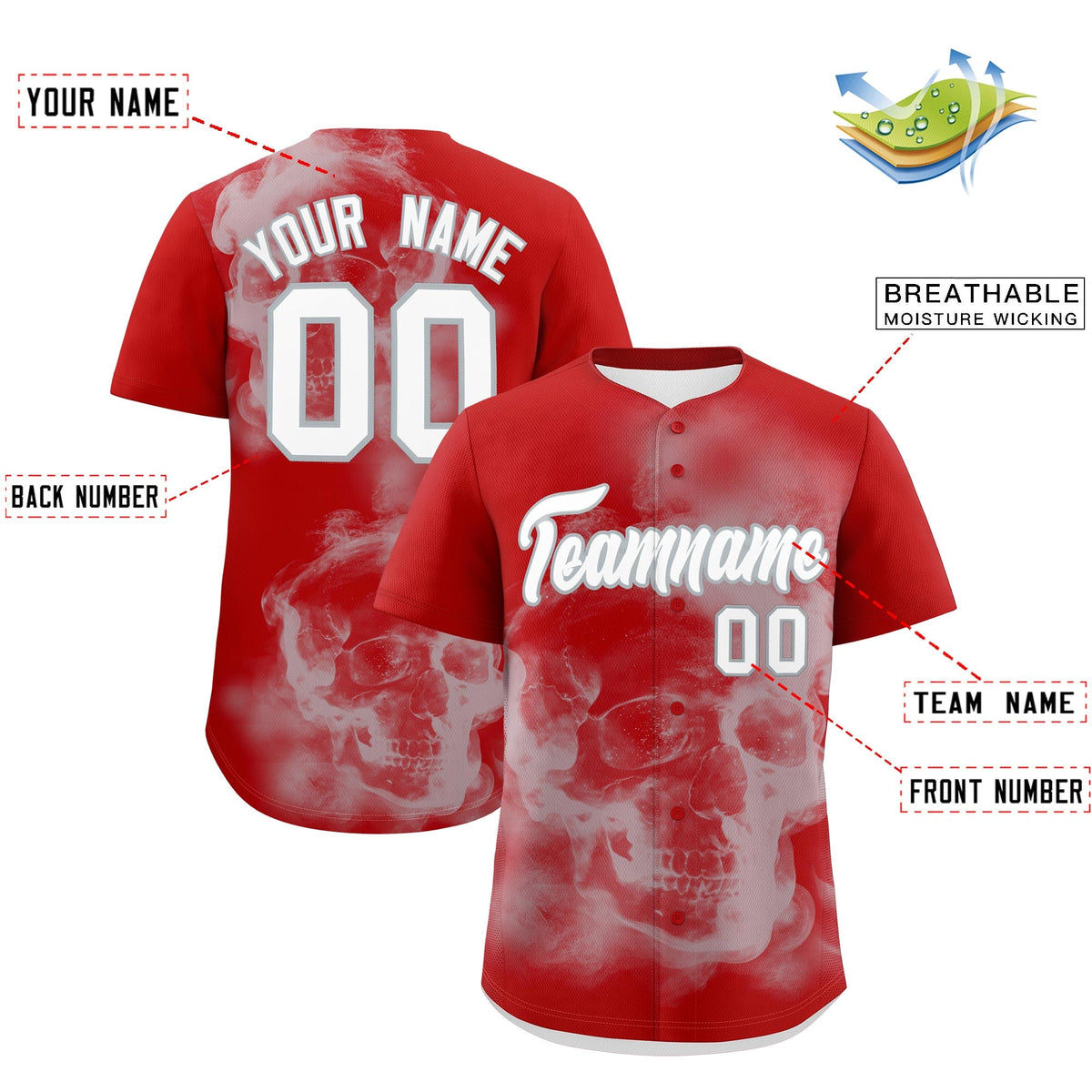 Custom Red Silver White skeleton Graffiti Pattern Lightweight Baseball Jersey| KXKSHOP