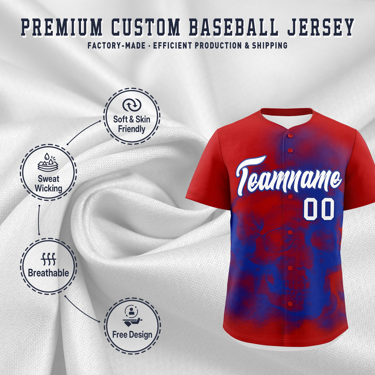 Custom Red Royal Blue White skeleton Graffiti Pattern Lightweight Baseball Jersey| KXKSHOP