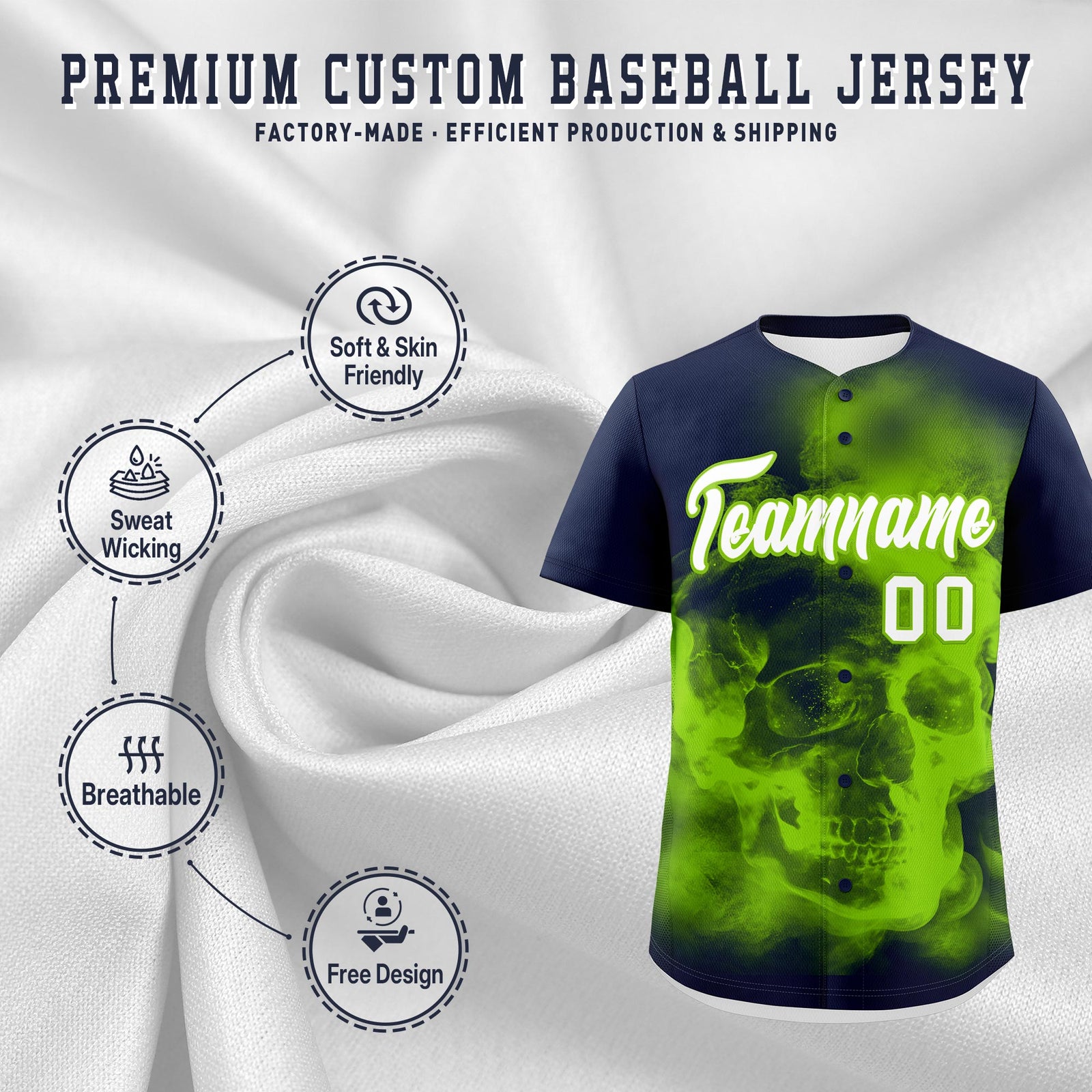 Custom Navy Neon Green White skeleton Graffiti Pattern Lightweight Baseball Jersey| KXKSHOP