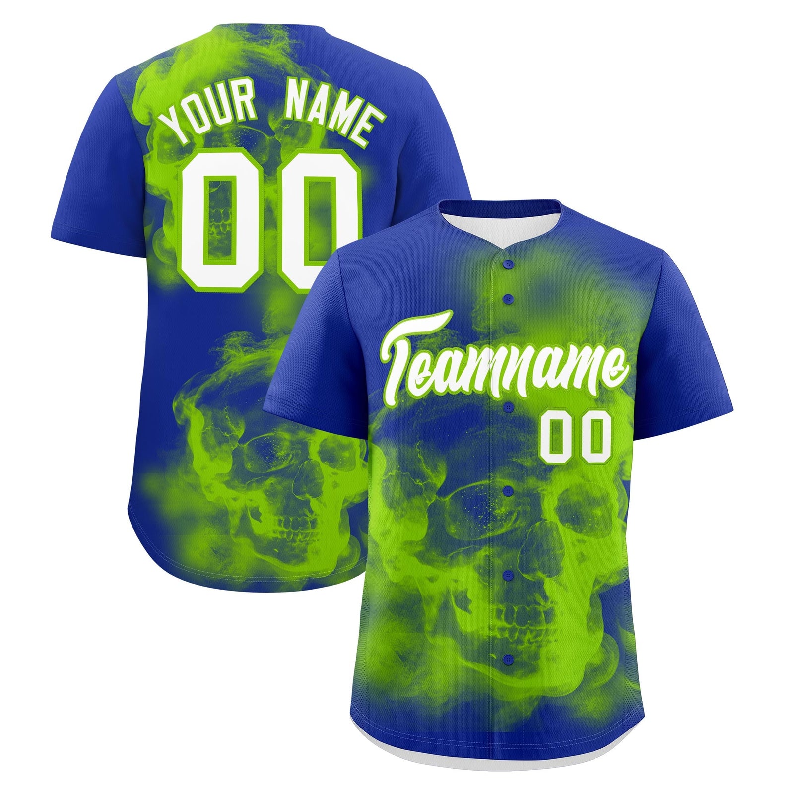 Custom Royal Blue Neon Green White skeleton Graffiti Pattern Quick Dry Baseball Jersey| KXKSHOP