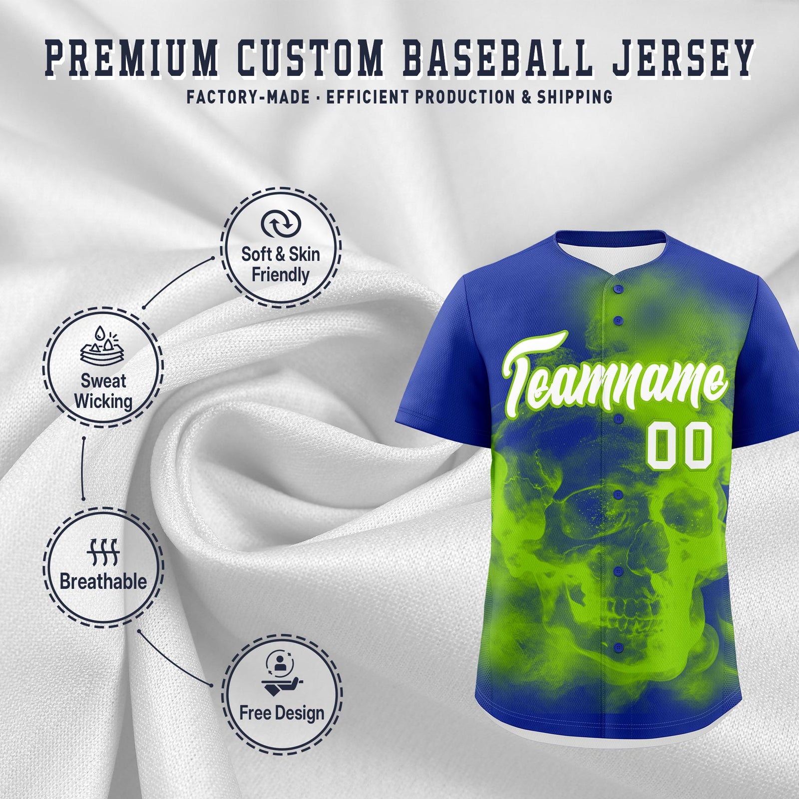 Custom Royal Blue Neon Green White skeleton Graffiti Pattern Quick Dry Baseball Jersey| KXKSHOP