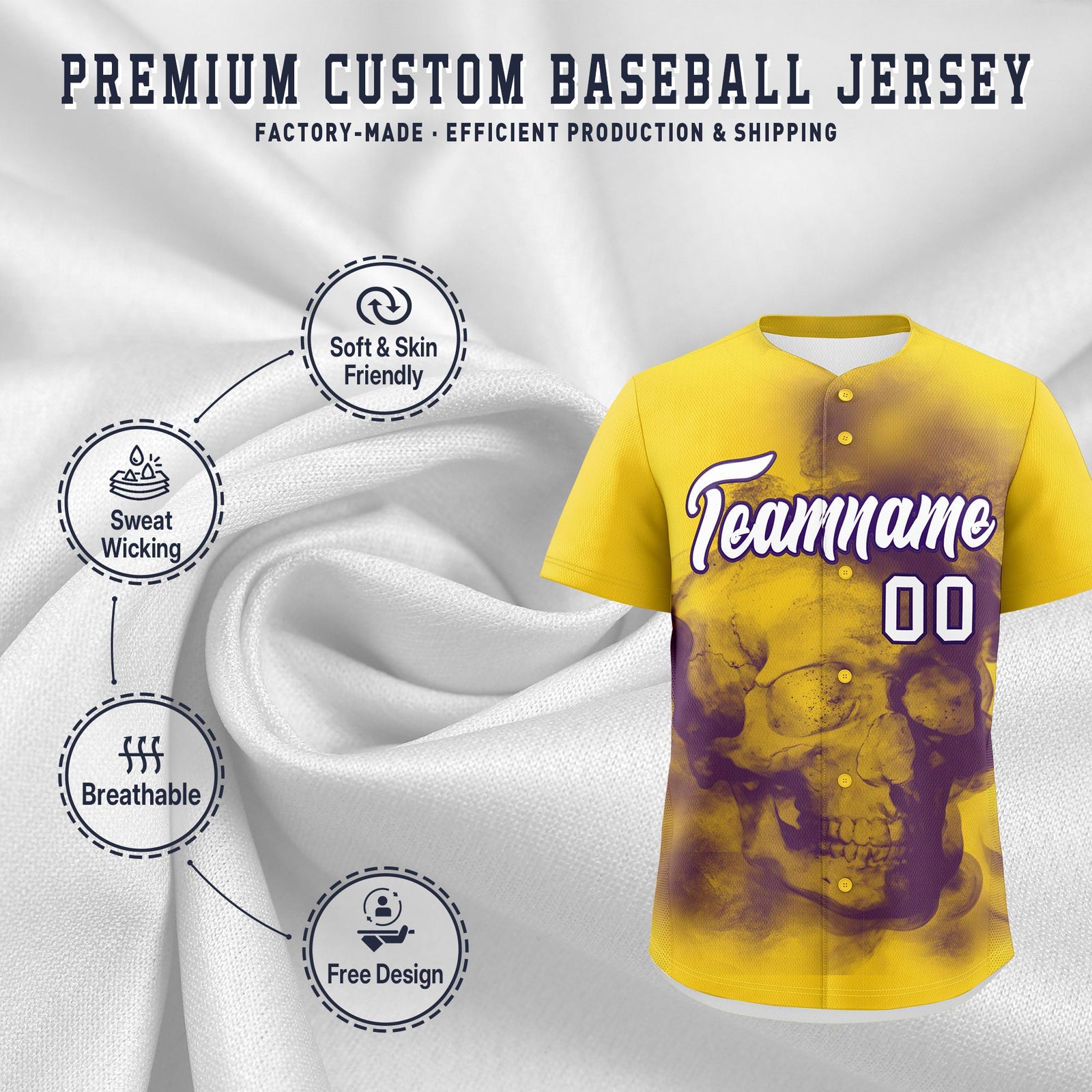 Custom Gold Purple White skeleton Graffiti Pattern Quick Dry Baseball Jersey| KXKSHOP